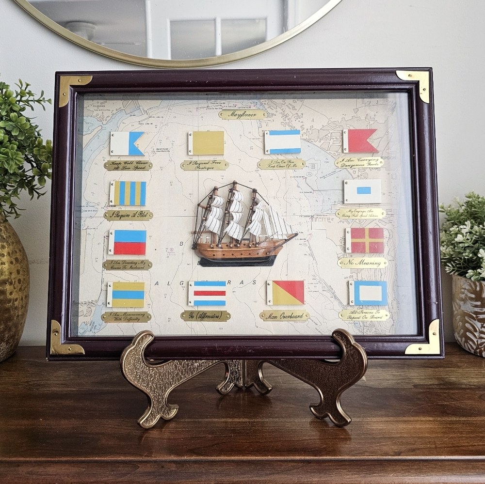 Vintage Nautical Signal Flags Mayflower Shadow Box Wall Art Ship Decor Maritime